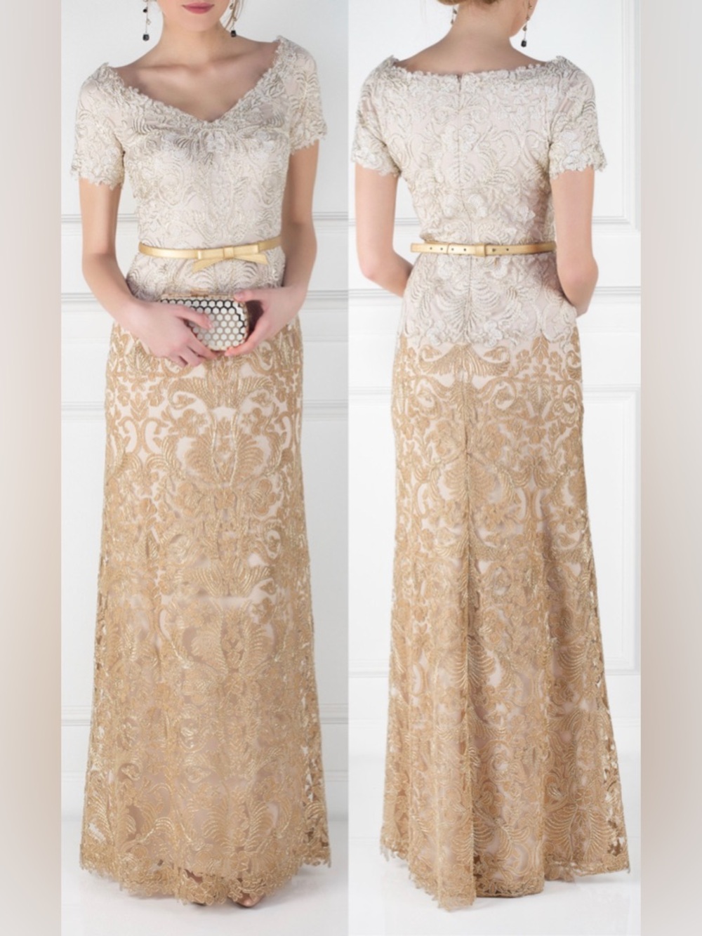 Designer Tadashi Shoji Mito Gown In Tan Gold Lace Dress 4 Formal Floor Length